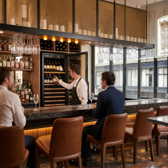 Cave à vin professionnelle pour le service du vin installée derrière le comptoir d'un bar à vin. Belle mise en avant de la carte des vins.