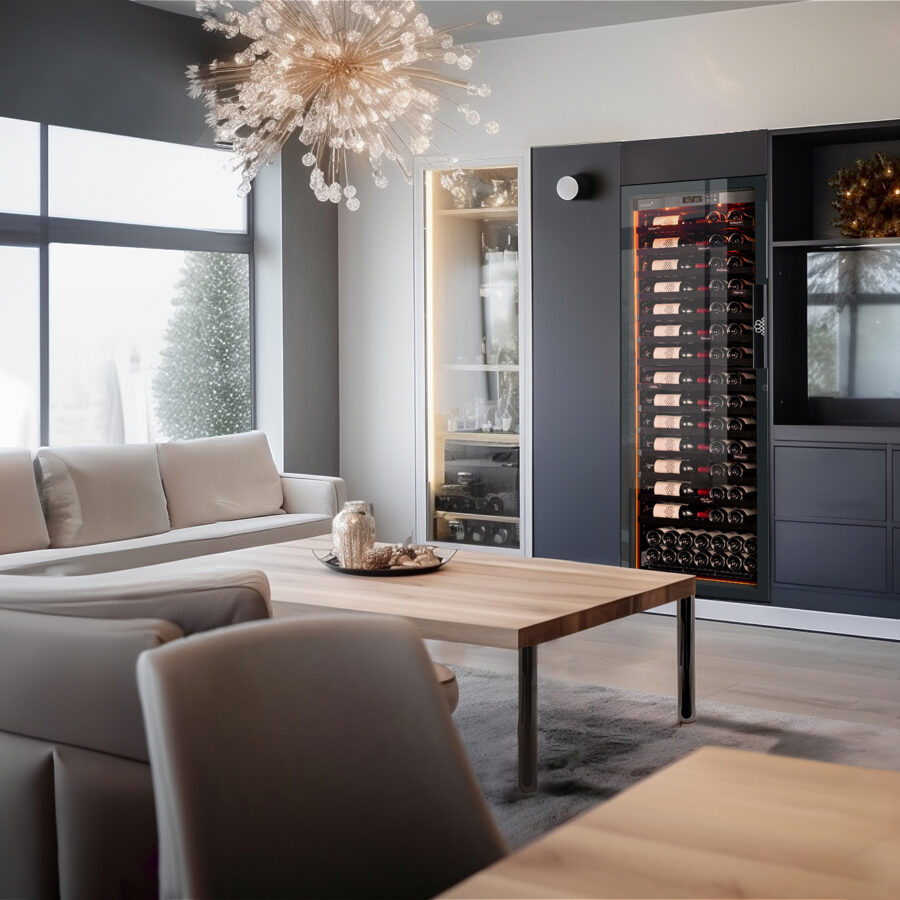 Cave à vin de vieillissement 1 température encastrée dans un meuble dans le salon - conservation optimale longue durée - éclairage intégré - finition premium