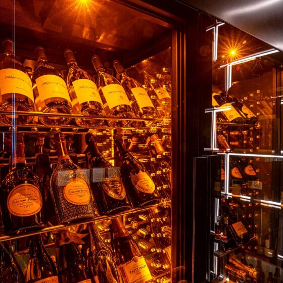 Présentation des bouteilles dans la vitrine à vin EuroCave ShowCave. 1 température de service. Mise en scène. Agencement design restaurant, hôtel, bar à vin.